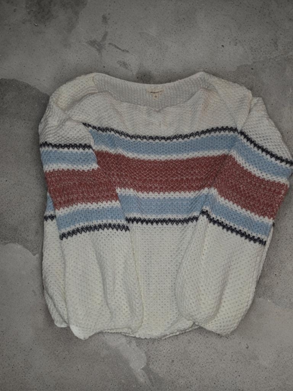 Striped Crewneck Sweater - White with Rust & Sky Blue